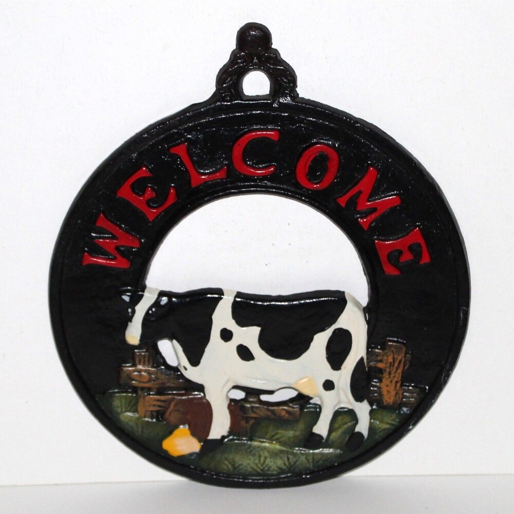 Welcome Sign Cast Iron cow country primitive farm wall decor round black red